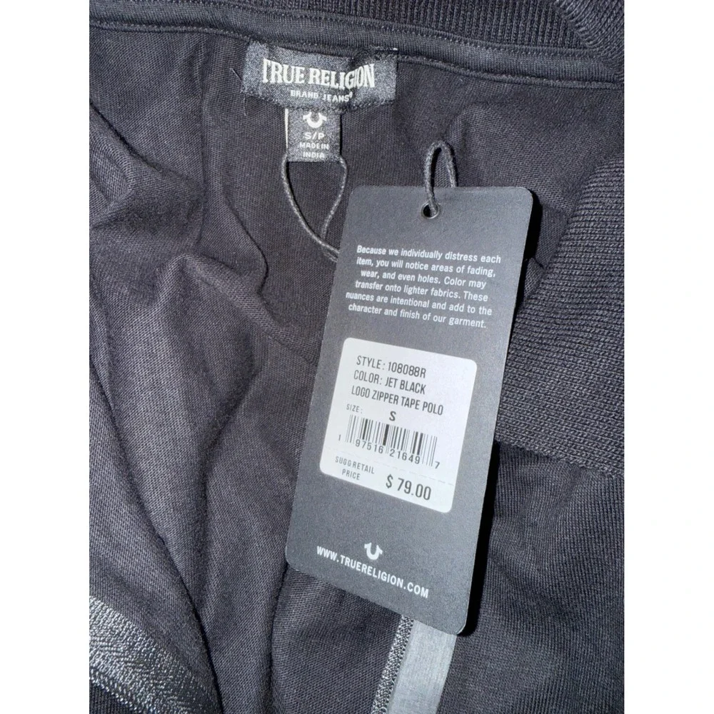 True Religion Mens Logo Zipper Tape Polo Shirt Jet Black 108088R Small NWT